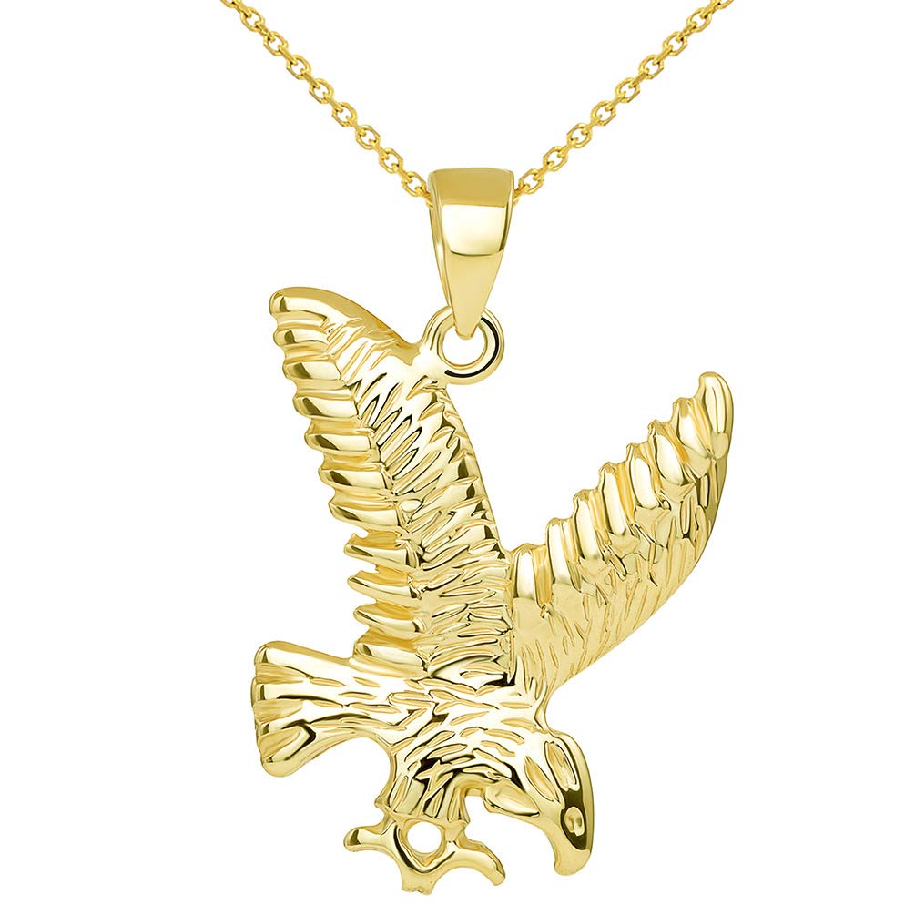 14k Solid Yellow Gold Soaring American Eagle Animal Pendant with Chain Necklace