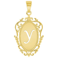 Load image into Gallery viewer, 14k Yellow Gold Elegant Filigree Oval Uppercase Initial Script Letter Plate Pendant - A to Z
