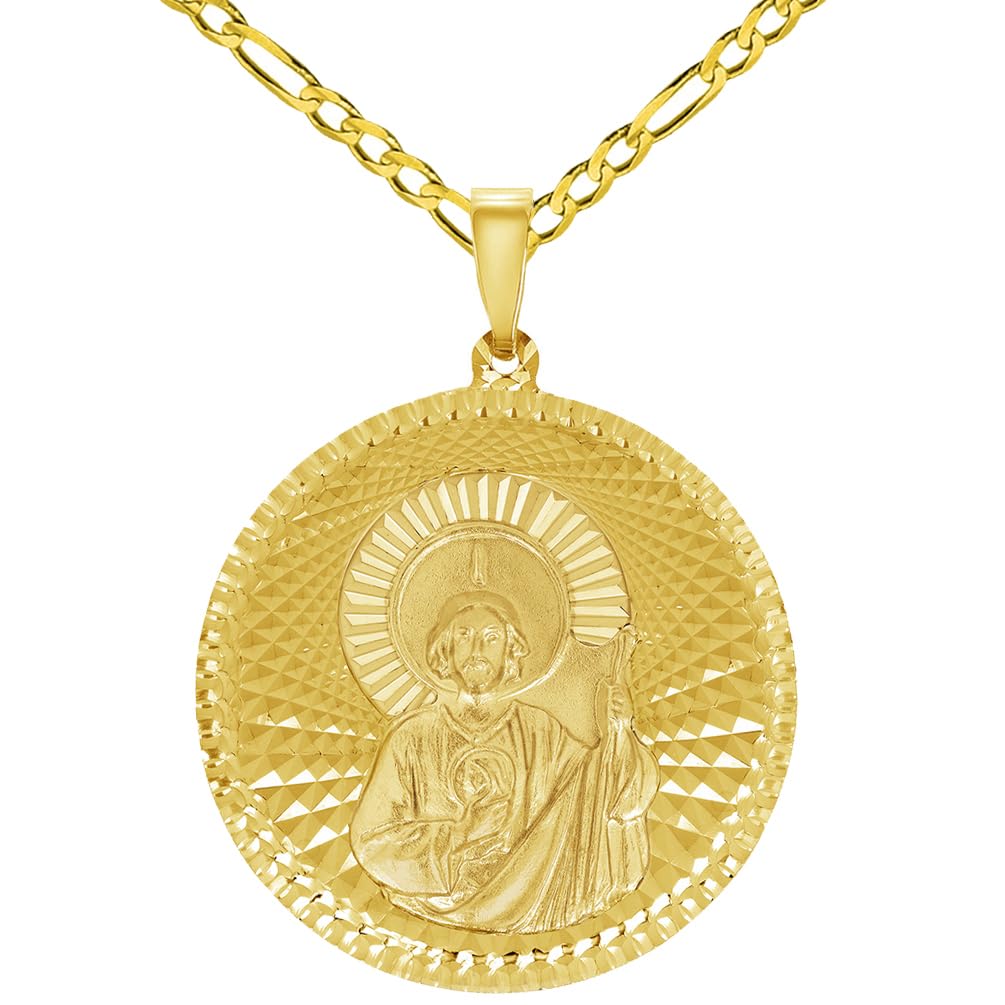 14k Yellow Gold Round Shaped Saint Jude Charm Textured Medallion Pendant with Figaro Chain Necklace - 4 Sizes