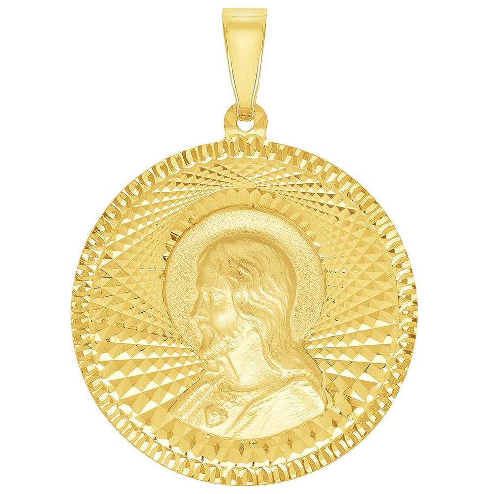 14k Yellow Gold Round Sacred Heart of Jesus Charm Textured Medallion Pendant - 3 Sizes