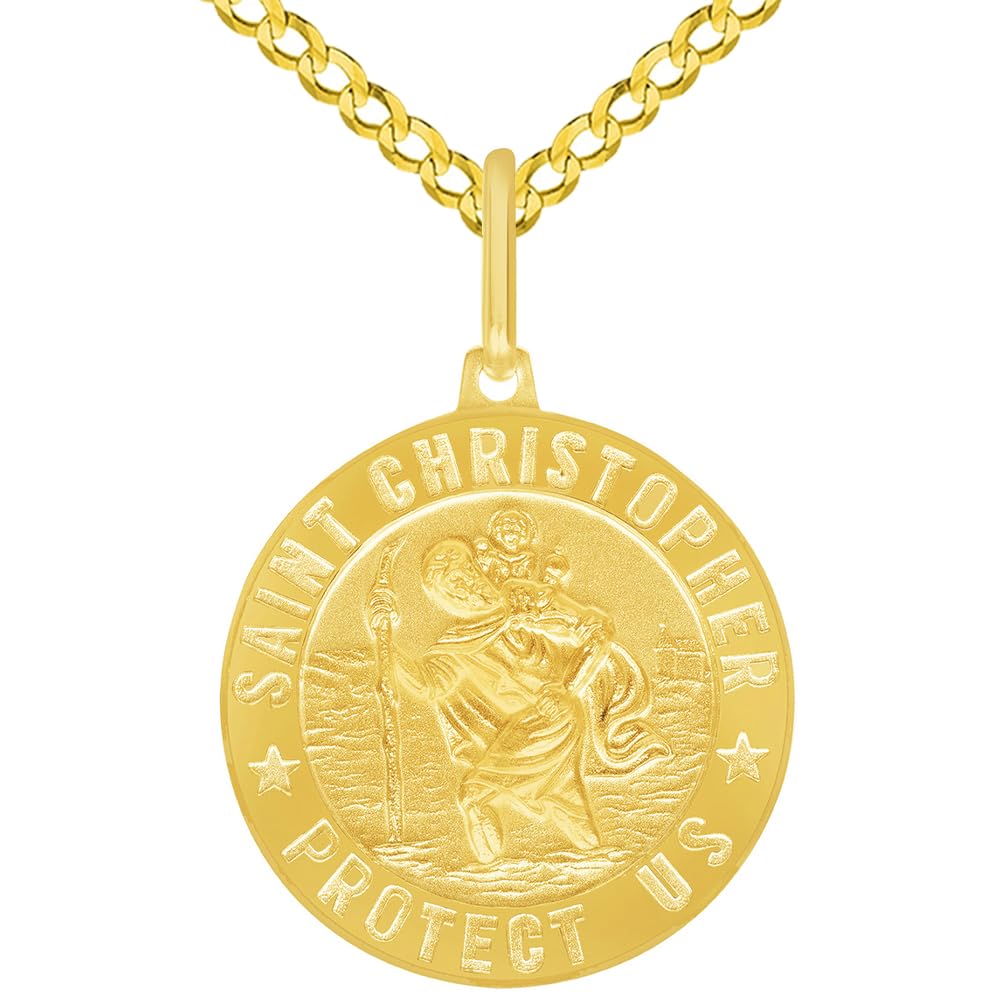 Solid 14k Yellow Gold Round Saint Christopher Protect Us Medal Pendant with Cuban Curb Chain Necklace - 3 Sizes