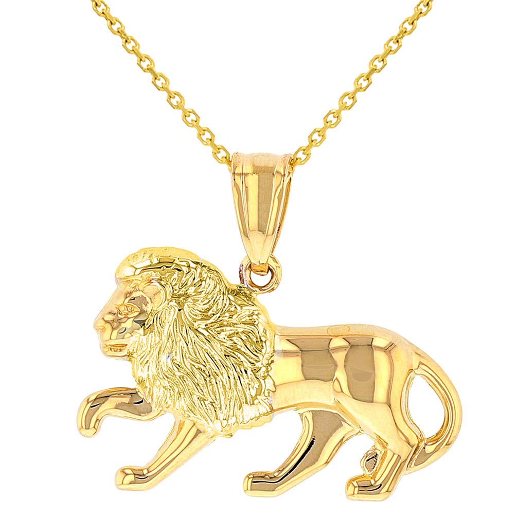 High Polish 14k Yellow Gold 3D Leo Zodiac Sign Charm Lion Animal Pendant With Cable Chain Necklace
