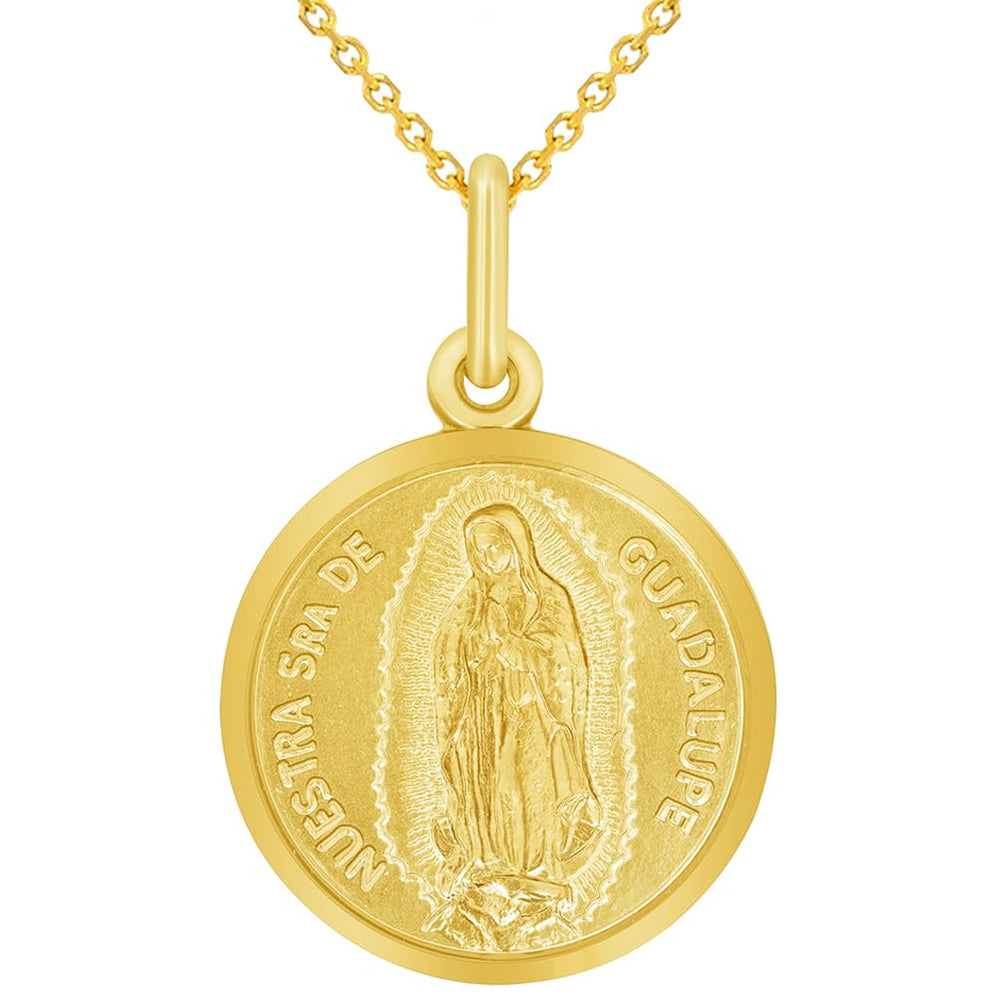 14k Yellow Gold Nuestra SeÃ±ora De Guadalupe Round Medal Pendant with Cable Chain Necklaces