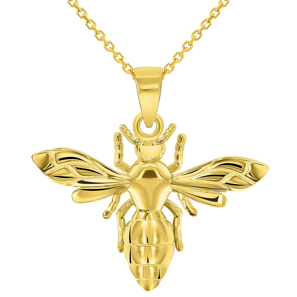 Jewelry America 14k Yellow Gold Well Detailed 3D Honey Bee Charm Bumblebee Insect Pendant With Cable Chain Necklace