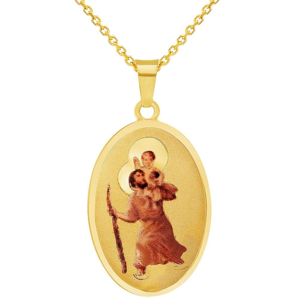 14k Yellow Gold Saint Christopher Protect Us Picture Pendant with Cable, Cuban Curb, or Figaro Chain Necklaces