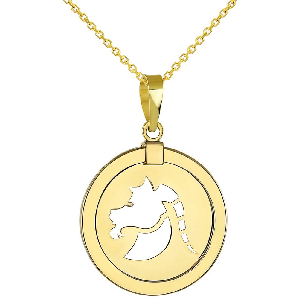 14K Yellow Gold Reversible Round Capricorn Goat Zodiac Sign Pendant With Cable Chain Necklace