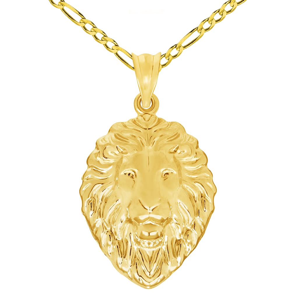14k Yellow Gold High Polish Lion Head Charm Animal Pendant with Figaro Chain Necklace, 1.1 inch Height