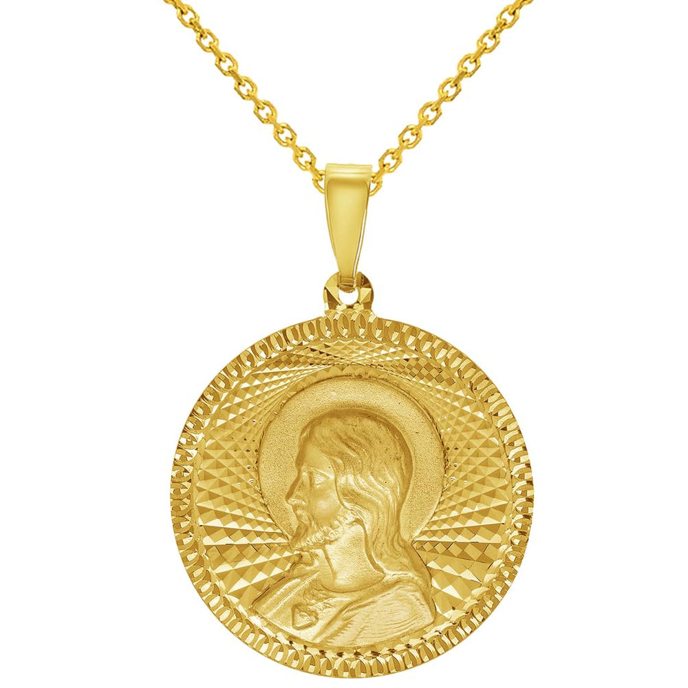 Round Shaped Sacred Heart of Jesus Textured Medallion Pendant Necklace