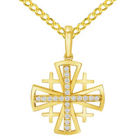 Load image into Gallery viewer, 14k Yellow Gold Cubic-Zirconia Christian Crusaders Jerusalem Cross Pendant with Rolo Curb Chain Necklace
