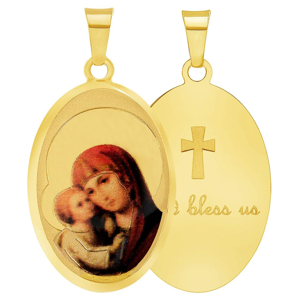 14k Yellow Gold God Bless Us Virgin Mary and Jesus Picture Pendant