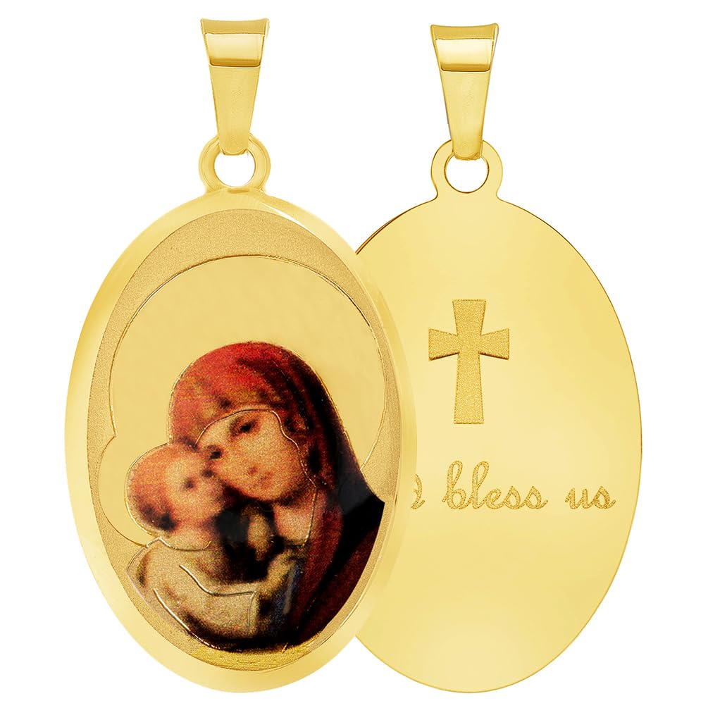 14k Yellow Gold God Bless Us Virgin Mary and Jesus Picture Pendant