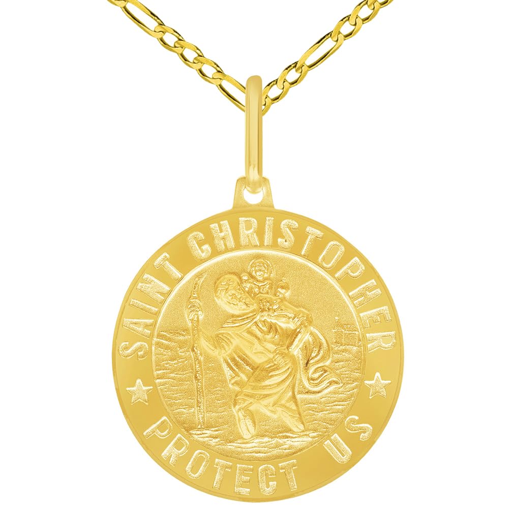 Solid 14k Yellow Gold Round Saint Christopher Protect Us Medal Pendant with Figaro Chain Necklace - 3 Sizes