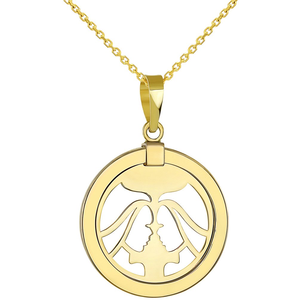 14K Yellow Gold Reversible Round Gemini Twins Zodiac Sign Pendant With Cable Chain Necklace