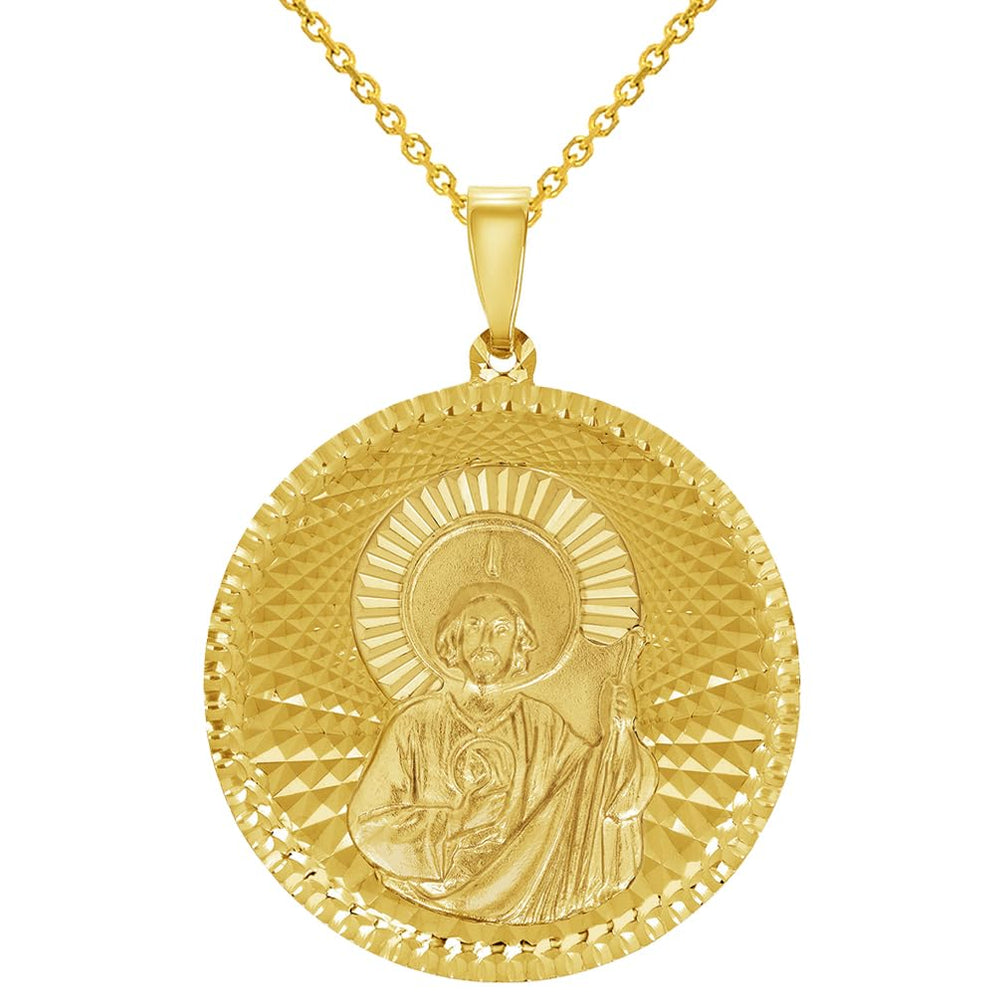 14k Yellow Gold Round Shaped Saint Jude Charm Textured Medallion Pendant Necklace - 4 Sizes