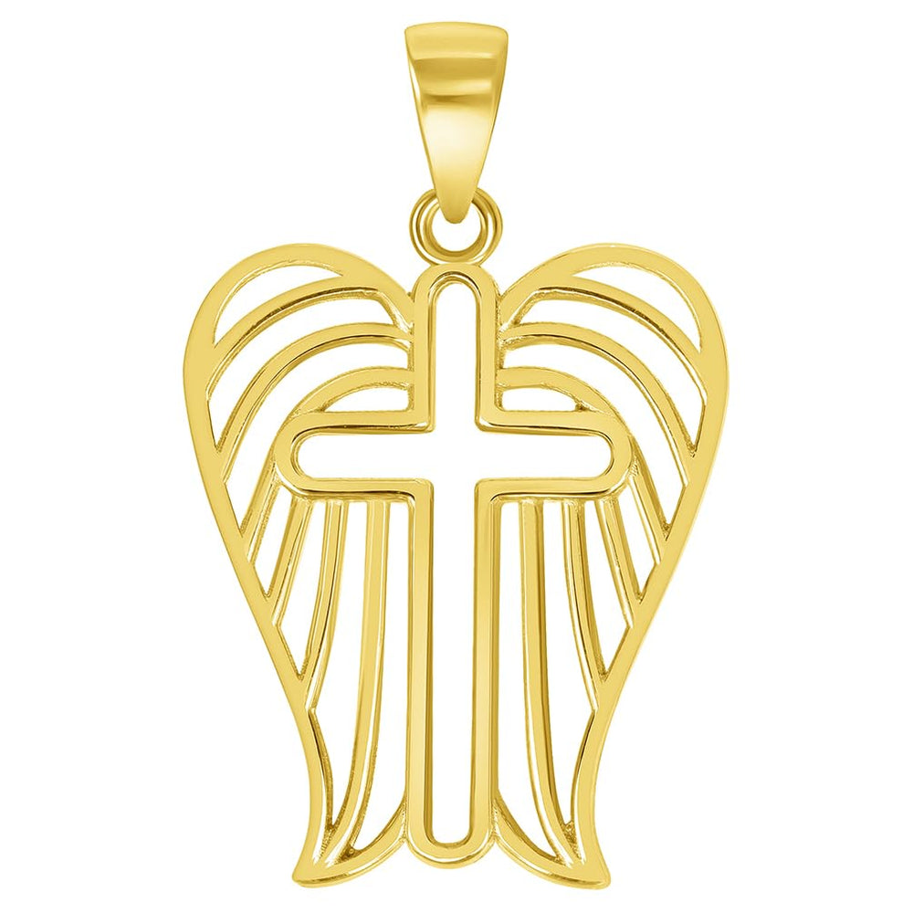14k Yellow Gold Religious Cross with Wings Pendant