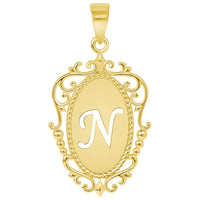 Load image into Gallery viewer, 14k Yellow Gold Elegant Filigree Oval Uppercase Initial Script Letter Plate Pendant - A to Z
