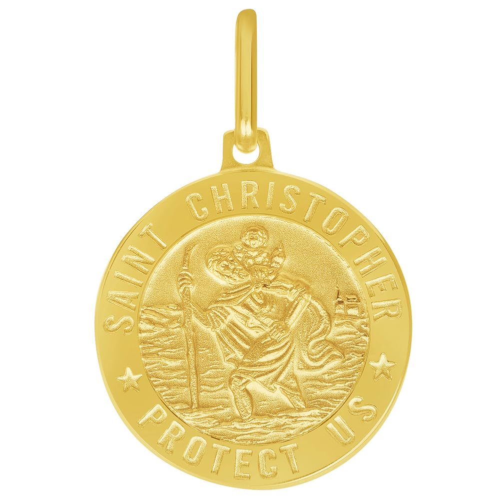 14k Yellow Gold Round Saint Christopher Protect Us Medal Pendant - 3 Sizes