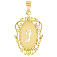 Load image into Gallery viewer, 14k Yellow Gold Elegant Filigree Oval Uppercase Initial Script Letter Plate Pendant - A to Z
