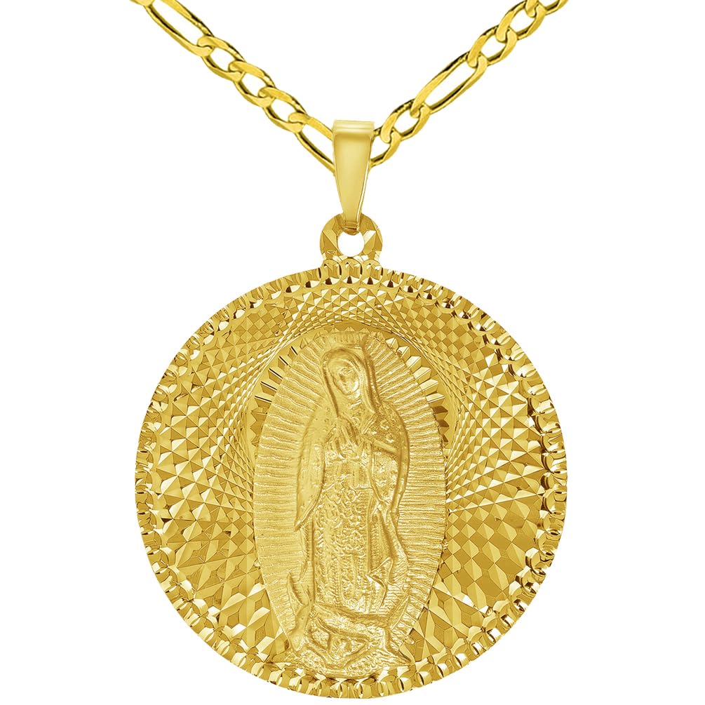14k Yellow Gold Round Shaped Our Lady Of Guadalupe Charm Textured Medallion Pendant with Figaro Chain Necklace