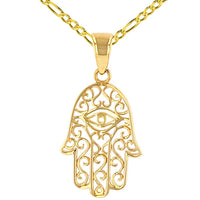 Load image into Gallery viewer, Solid 14K Yellow Gold Filigree Hamsa Hand of Fatima with Evil Eye Pendant Figaro Chain Necklace
