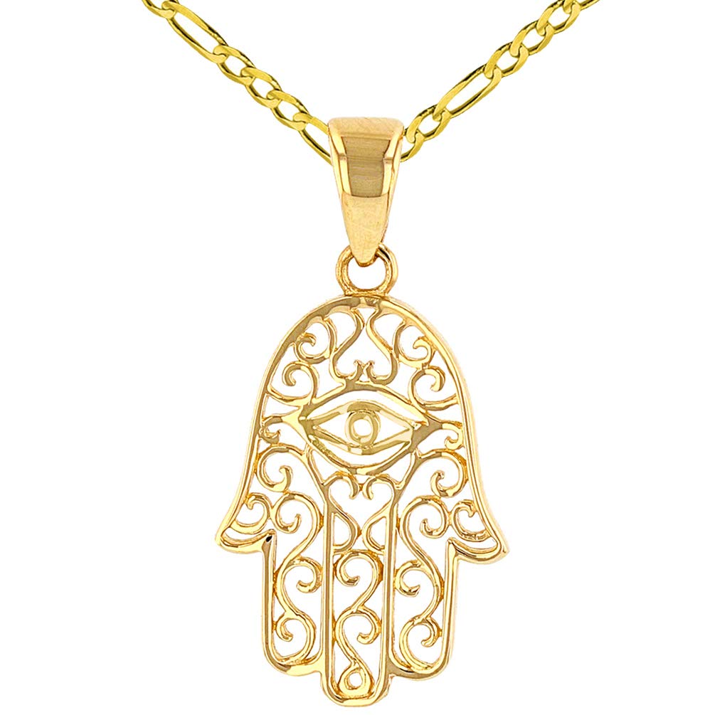 Solid 14K Yellow Gold Filigree Hamsa Hand of Fatima with Evil Eye Pendant Figaro Chain Necklace