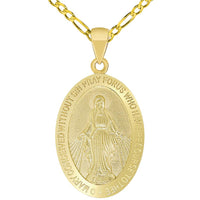 Load image into Gallery viewer, Solid 14k Yellow Gold Small Classic Miraculous Medallion of the Virgin Mary Pendant with Figaro Chain Necklace
