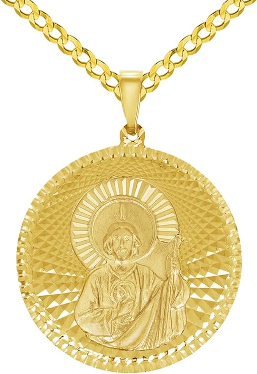 14k Yellow Gold Round Shaped Saint Jude Charm Textured Medallion Pendant with Cuban Link Curb Chain Necklace