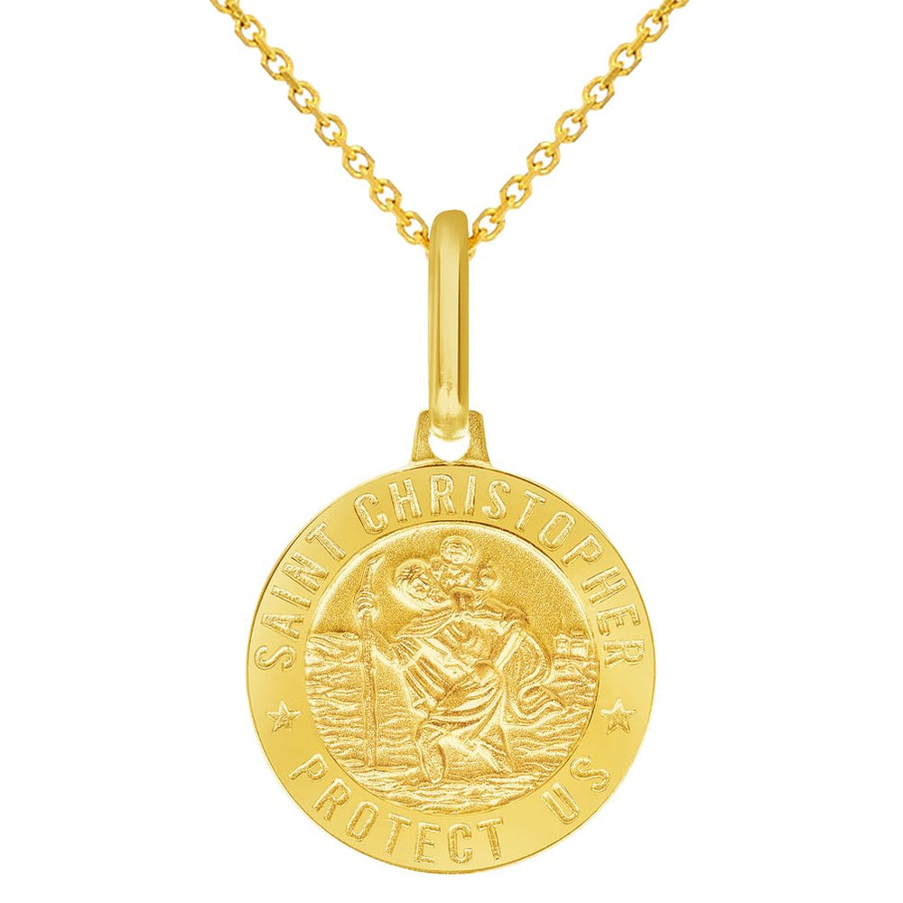 Solid 14k Yellow Gold Round Small Saint Christopher Protect Us Medal Pendant Necklace