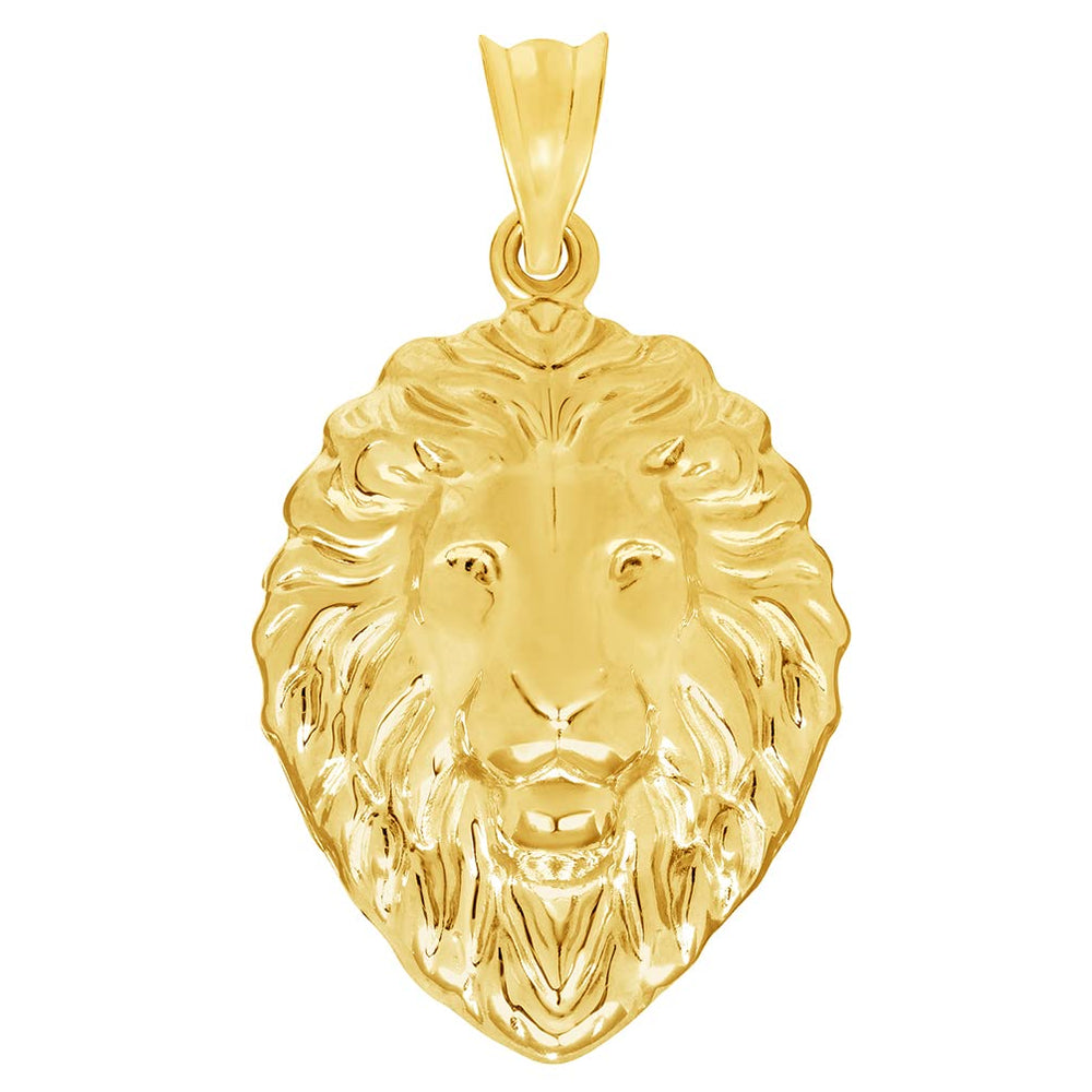 14k Yellow Gold High Polish Lion Head Charm Animal Pendant - 1.1 inch Height