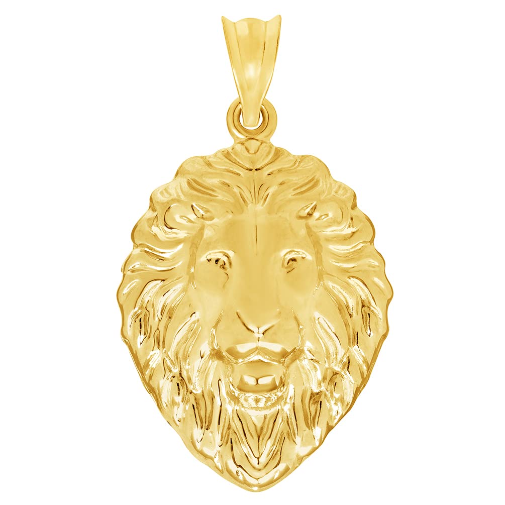 14k Yellow Gold High Polish Lion Head Charm Animal Pendant - 1.1 inch Height
