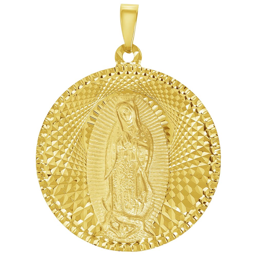 14k Yellow Gold Round Shaped Our Lady Of Guadalupe Charm Textured Medallion Pendant - 5 Sizes