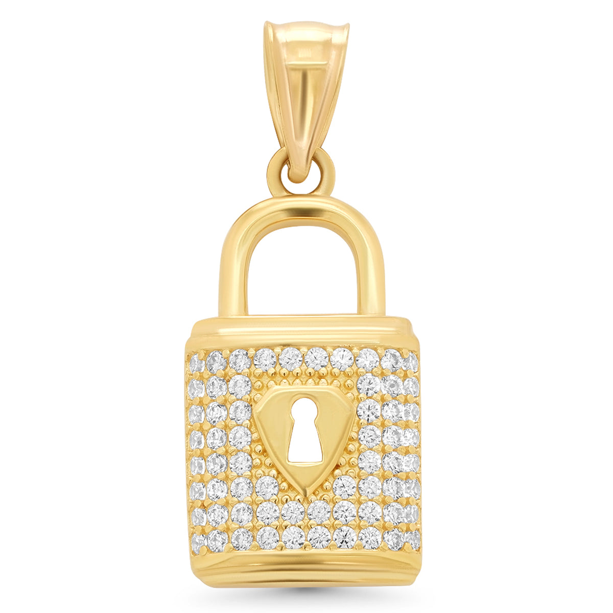 14k Yellow Gold Elegant Shield Padlock Pendant with Cubic Zirconia