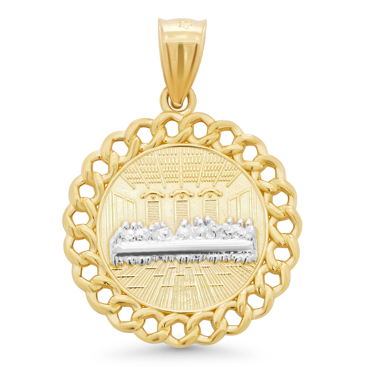 14k Yellow Gold Two-Tone Last Supper Medallion Pendant With Cuban Link