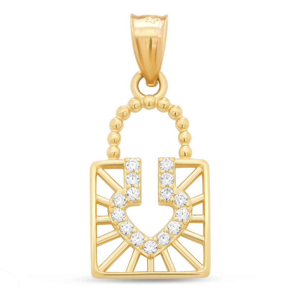 14k Yellow Gold Rope-Top Heart Padlock Pendant with Cubic Zirconia