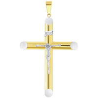 Load image into Gallery viewer, 14k Two-Tone Gold 5mm Thick INRI Tubular Crucifix Cross Pendant with Curb Chain Necklace
