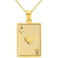 Solid 14k Yellow Gold Ace of Hearts Card Pendant Necklace