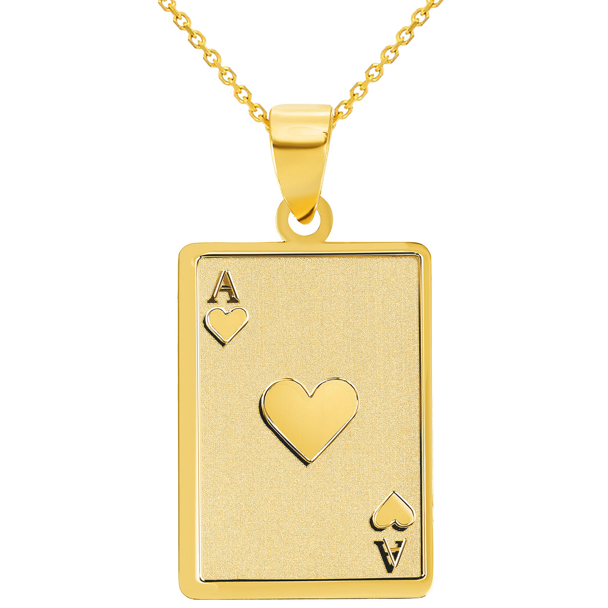 Solid 14k Yellow Gold Ace of Hearts Card Pendant with Rolo Cable, Cuban Curb, or Figaro Chain Necklace