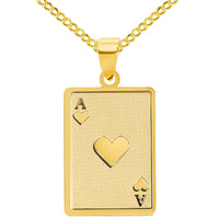 Load image into Gallery viewer, Solid 14k Yellow Gold Ace of Hearts Card Pendant with Rolo Cable, Cuban Curb, or Figaro Chain Necklace
