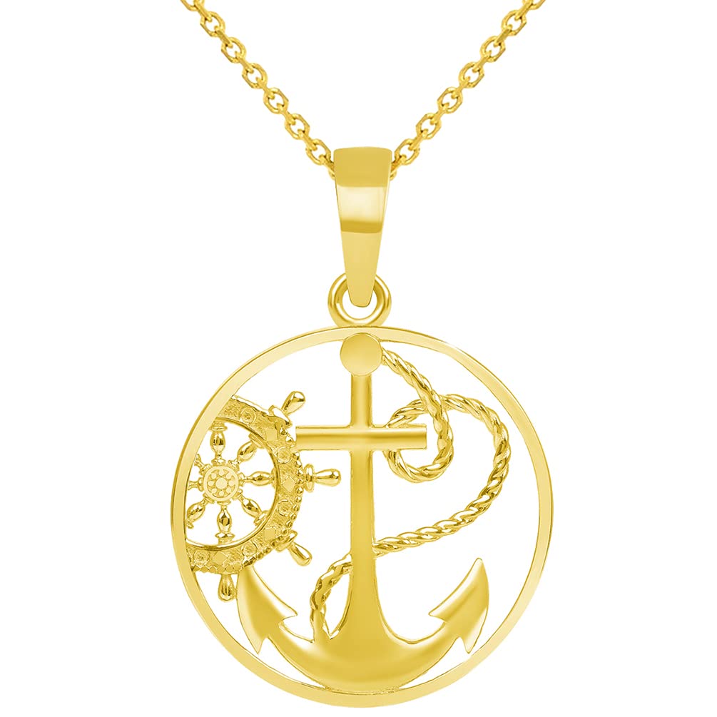 14k Yellow Gold Anchor and Ship Helm Wheel Round Nautical Medallion Pendant with Rolo Cable, Cuban Curb, or Figaro Chain Necklaces