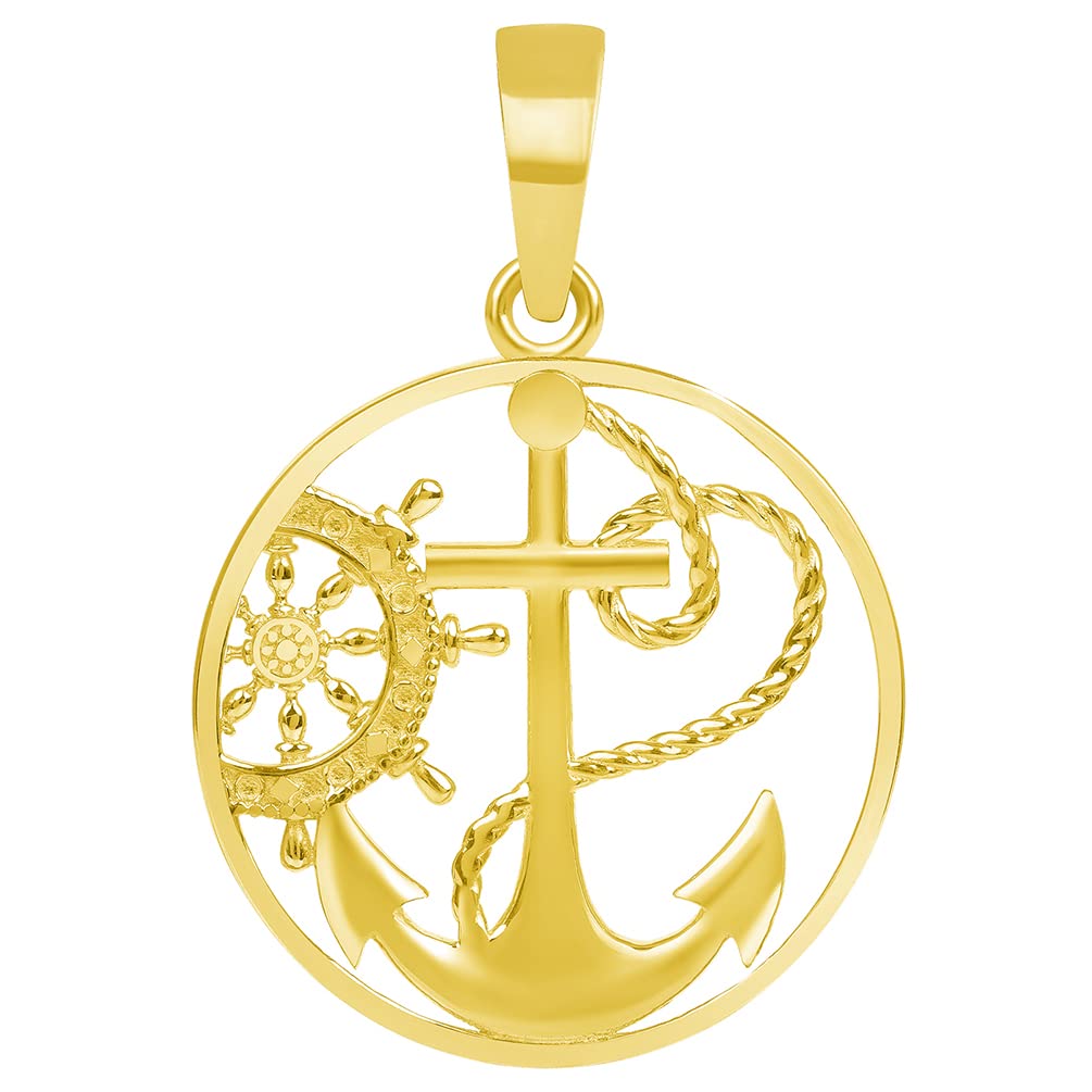 14k Yellow Gold Anchor and Ship Helm Wheel Round Nautical Medallion Pendant