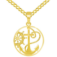 Load image into Gallery viewer, 14k Yellow Gold Anchor and Ship Helm Wheel Round Nautical Medallion Pendant with Rolo Cable, Cuban Curb, or Figaro Chain Necklaces

