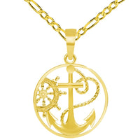 Load image into Gallery viewer, 14k Yellow Gold Anchor and Ship Helm Wheel Round Nautical Medallion Pendant with Rolo Cable, Cuban Curb, or Figaro Chain Necklaces
