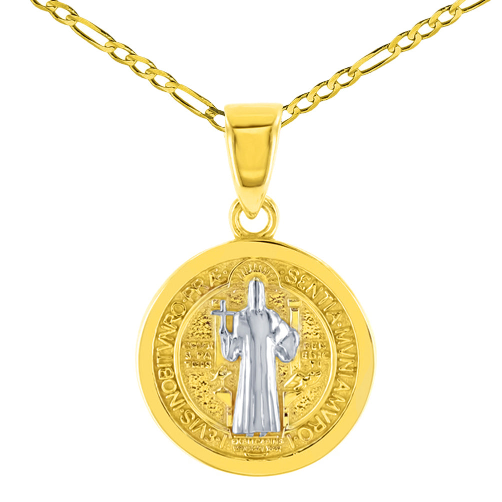 Solid 14K Yellow Gold Polished St Benedict Medal Charm Saint Pendant Figaro Chain Necklace