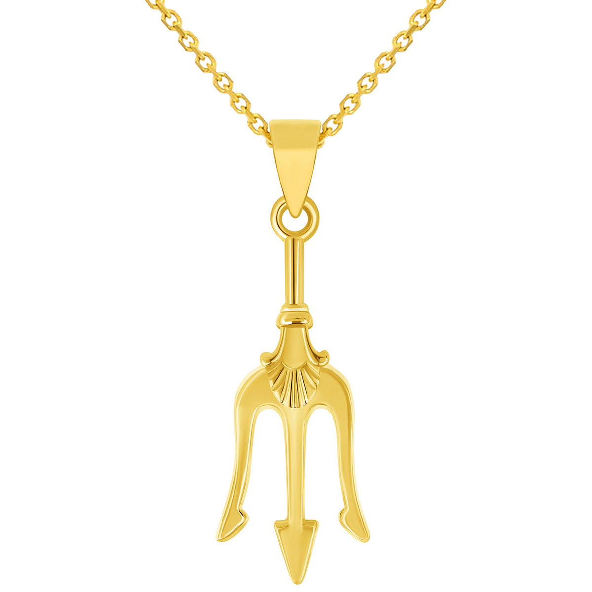 Solid 14k Yellow Gold Short-Handled Trident Sword Pendant with Rolo Cable, Cuban Curb, or Figaro Chain Necklace