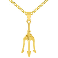 Load image into Gallery viewer, Solid 14k Yellow Gold Short-Handled Trident Sword Pendant with Rolo Cable, Cuban Curb, or Figaro Chain Necklace
