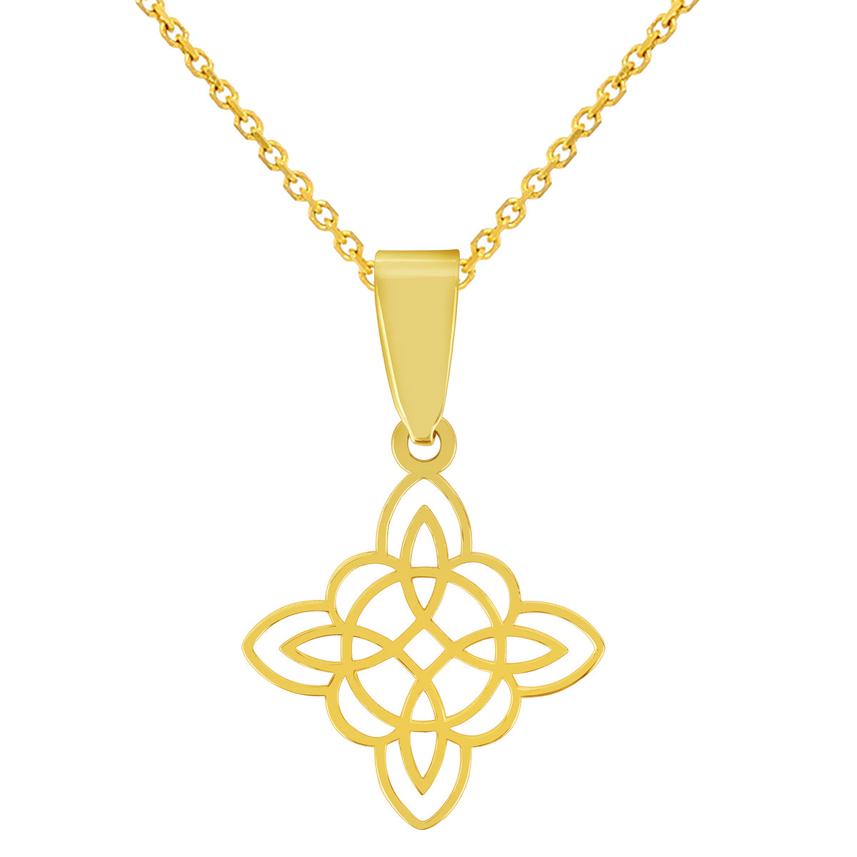 14k Yellow Gold Dainty Small Witch's Knot Cross Charm Wiccan Symbol Pendant with Rolo Cable, Cuban Curb, or Figaro Chain Necklace