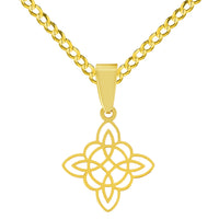 Load image into Gallery viewer, 14k Yellow Gold Dainty Small Witch&#39;s Knot Cross Charm Wiccan Symbol Pendant with Rolo Cable, Cuban Curb, or Figaro Chain Necklace
