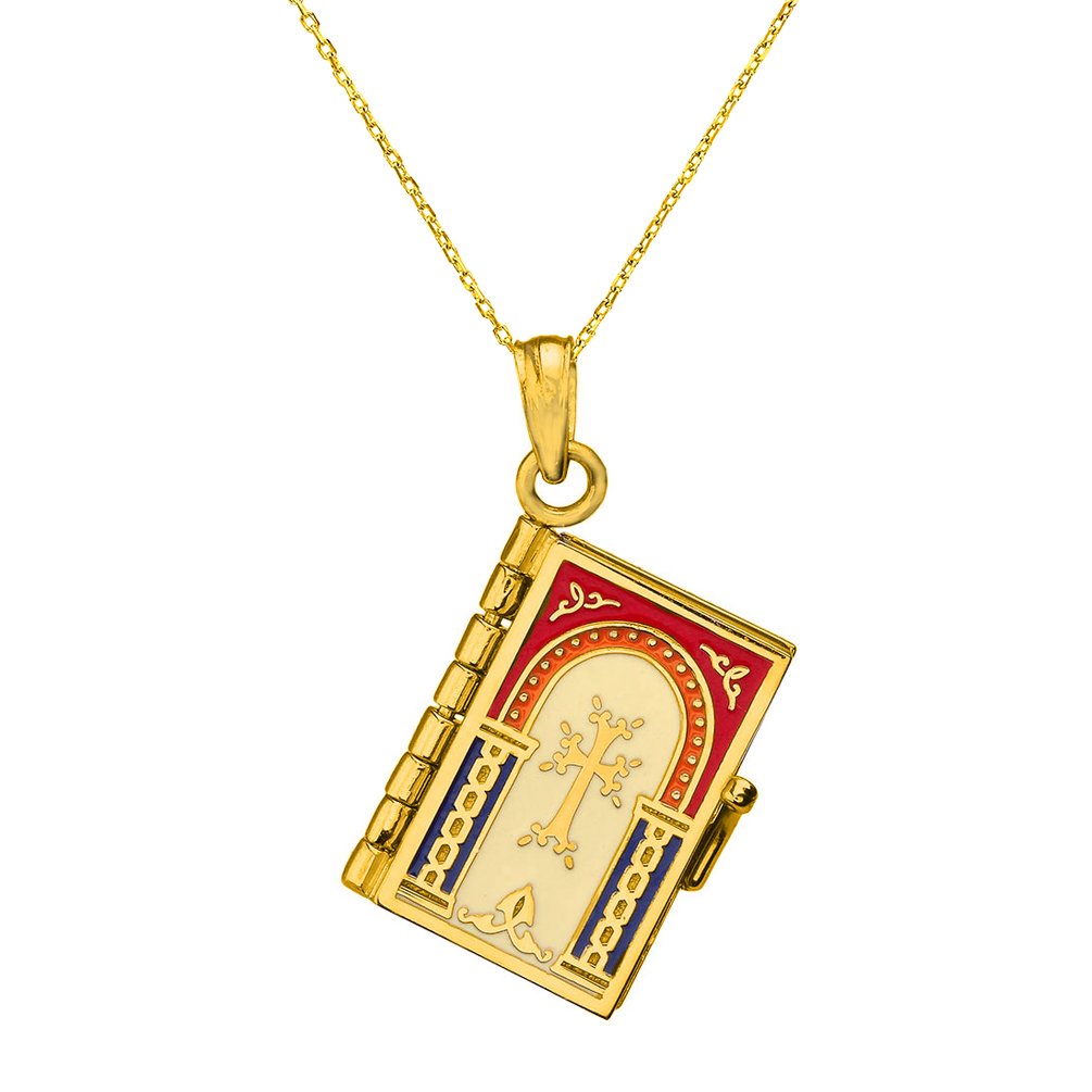 Jewelry America 14k Yellow Gold Armenian Bible Book Charm Holy Bible with Prayer Pendant Necklace