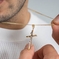 Load image into Gallery viewer, 14K Two-Tone Gold Passion Cross with Jesus Christ Crucifix Pendant with Cable, Curb, or Figaro Chain Necklace
