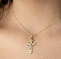 Load image into Gallery viewer, Solid 14K Two Tone Gold Eastern Orthodox Save and Protect Cross ICXC Crucifix Pendant with Cable, Curb, or Figaro Chain Necklaces
